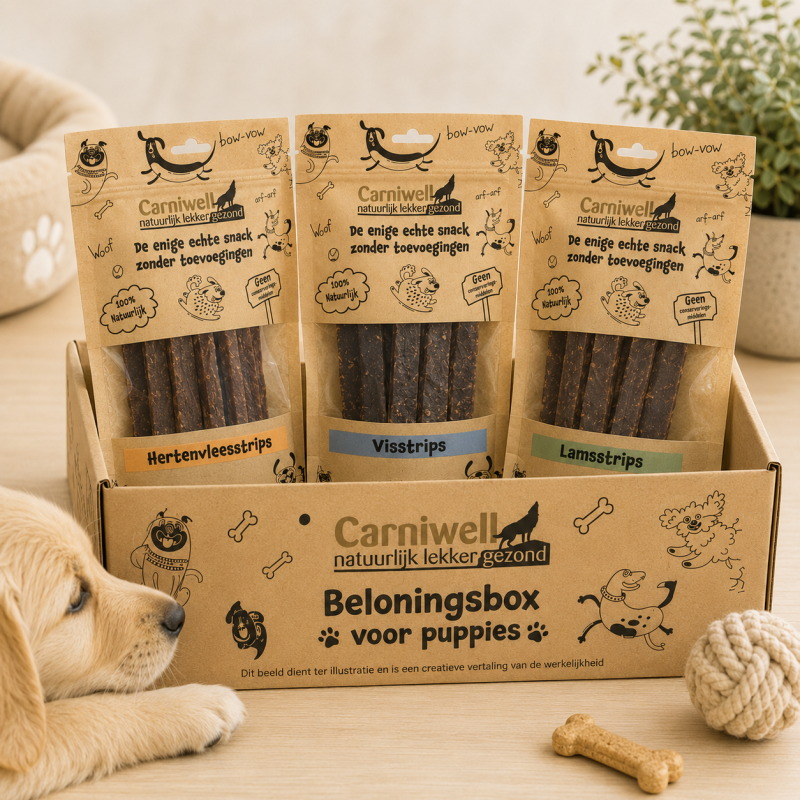 Carniwell puppy belonings box of doos met 100 procent natuurlijke hondensnacks (3 zakjes)