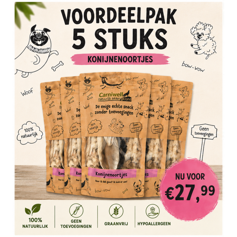 Carniwell Konijnenoortjes voordeel/aanbieding pakket 5 zakjes