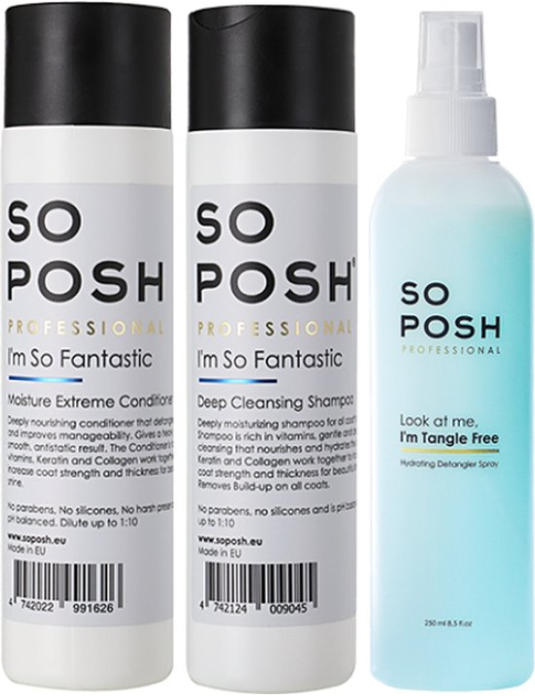 So Posh Hondenshampoo en Conditioner Pakket of Set met antiklitspray (3 x 250 ml)